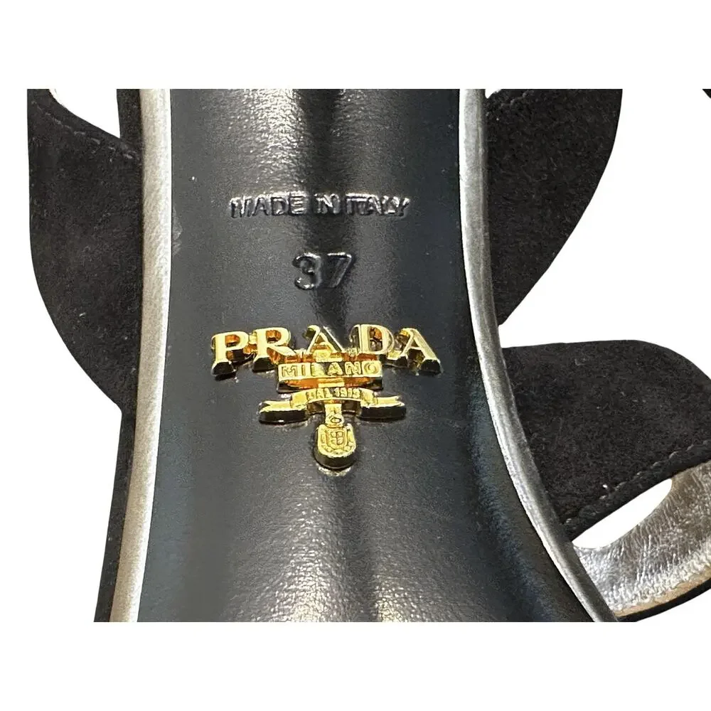 Prada Black Suede Silver Metallic Platform Slingback Heels Sandals EU 37
